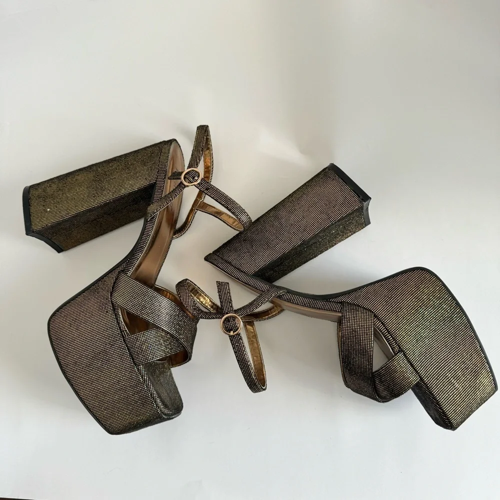 Bronze Ankle Strap Square toe Chunky  Platforms